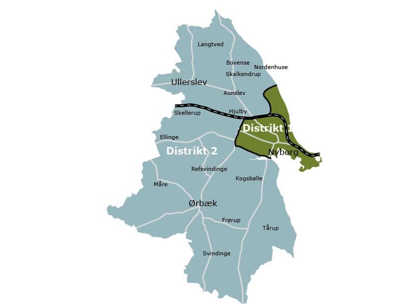 Oversigt over distrikter i Nyborg Kommune